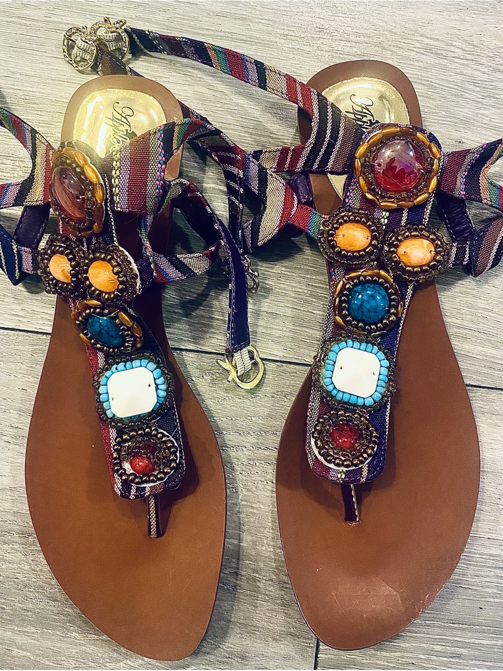 Apple Bottoms Vintage 90’s  Boho Gem Stones Woven Tribal Sandals Size 10 New